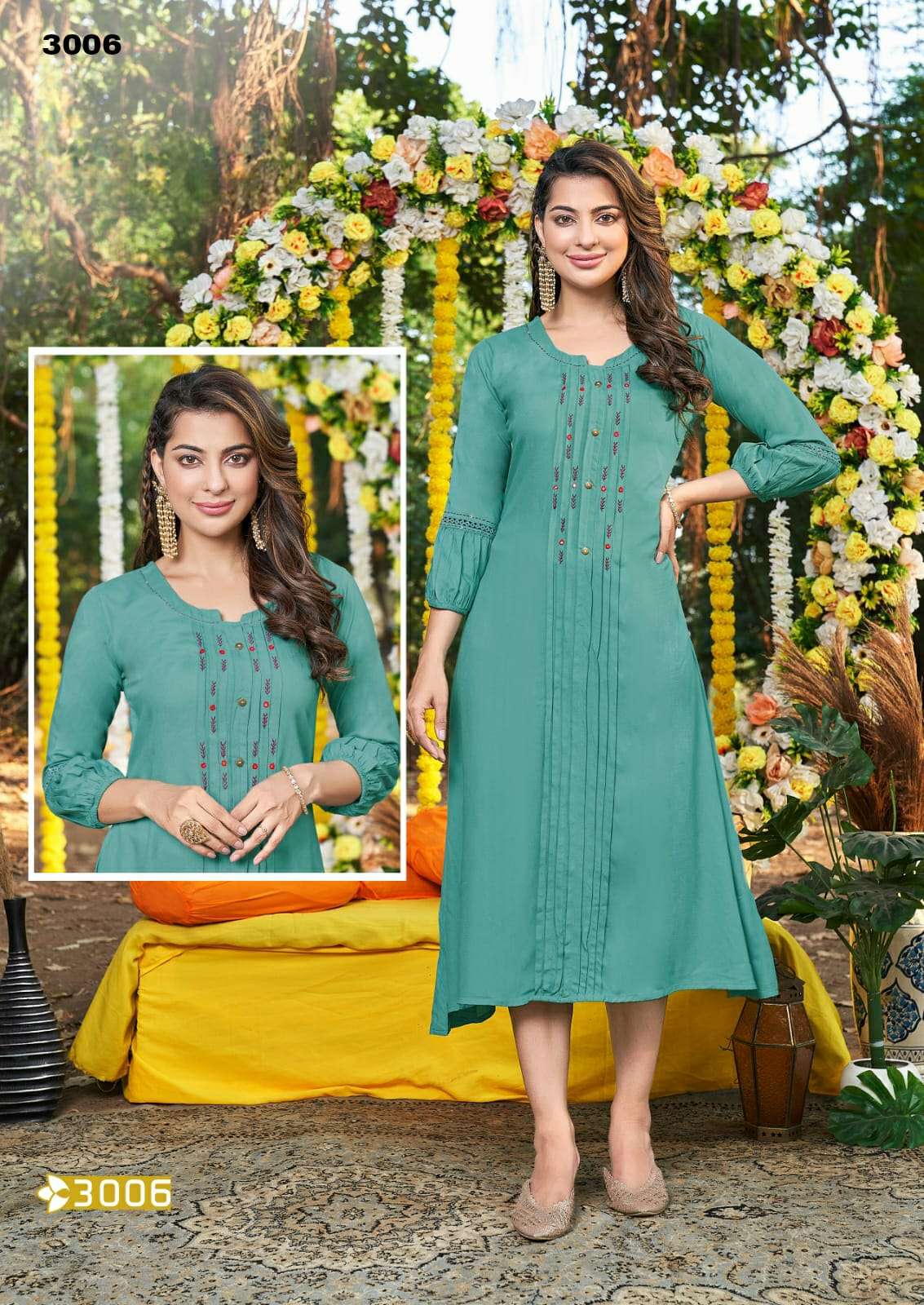 MUSKAN VOL 4 PREMIUM RAYON LIVA TAG A LINE HAND WORK  KURTI WITH  STITCH PLATTING STYLE BY S3FOREVER BRAND 3006